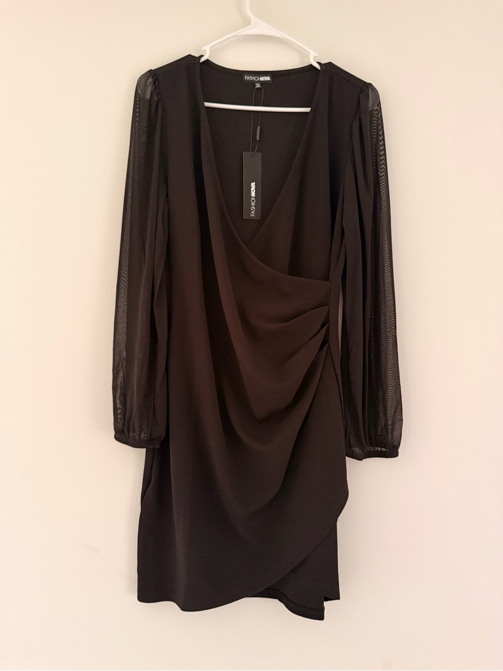 Fashion Nova Black Draped V-Neck Long Sleeve Mini Dress